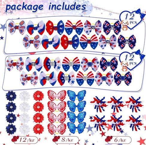 MTLEE 50 Pcs 4th of July Dog Hair Bows, Patriotic Red White Blue Pet Bows with Rubber Bands, Star Rhinestone Puppy Yorkie Cat Hair Accessories for Memorial Day Independence Day American Celebrations in Kuwait