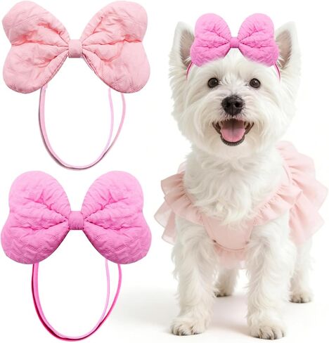 2Pcs Colourful Dog Hair Bow Headband for Small Medium Dogs, Adjustable Pet Hair Bow Headband for Puppy Cats Grooming Accessories, Rose Red and Pink (Colour A) in Kuwait