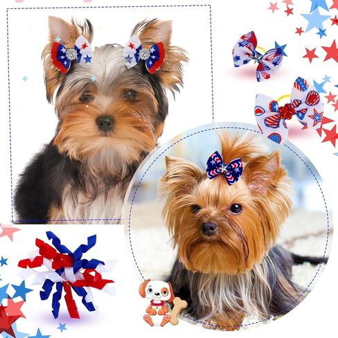 MTLEE 50 Pcs 4th of July Dog Hair Bows, Patriotic Red White Blue Pet Bows with Rubber Bands, Star Rhinestone Puppy Yorkie Cat Hair Accessories for Memorial Day Independence Day American Celebrations in Kuwait