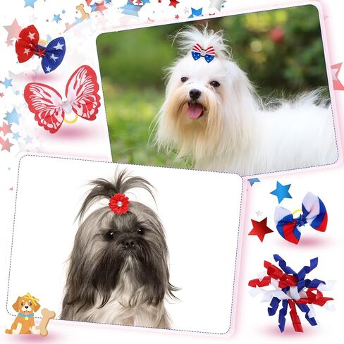 MTLEE 50 Pcs 4th of July Dog Hair Bows, Patriotic Red White Blue Pet Bows with Rubber Bands, Star Rhinestone Puppy Yorkie Cat Hair Accessories for Memorial Day Independence Day American Celebrations in Kuwait