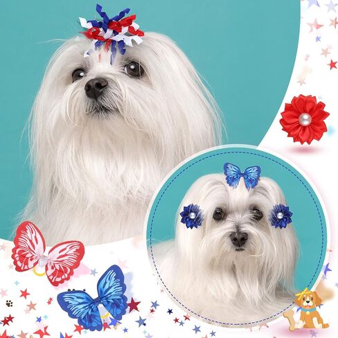 MTLEE 50 Pcs 4th of July Dog Hair Bows, Patriotic Red White Blue Pet Bows with Rubber Bands, Star Rhinestone Puppy Yorkie Cat Hair Accessories for Memorial Day Independence Day American Celebrations in Kuwait