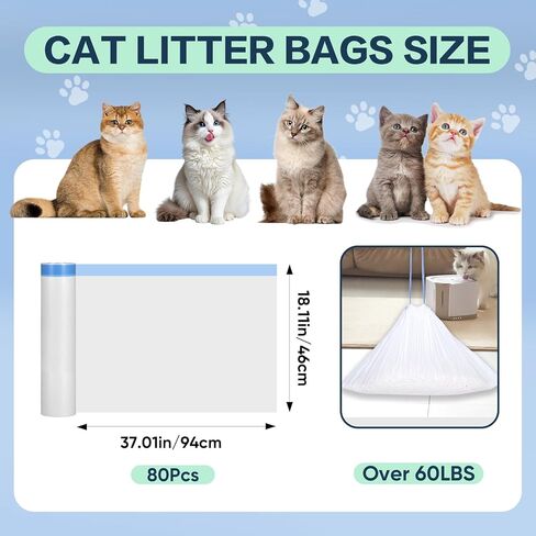 80 Count Jumbo Cat Litter Box Liners, Cat Litter Liners for Automatic Litter Box, 10-15 Gallon Heavy Duty Cat Litter Bags with Drawstrings, 37" x 18.11" in Kuwait