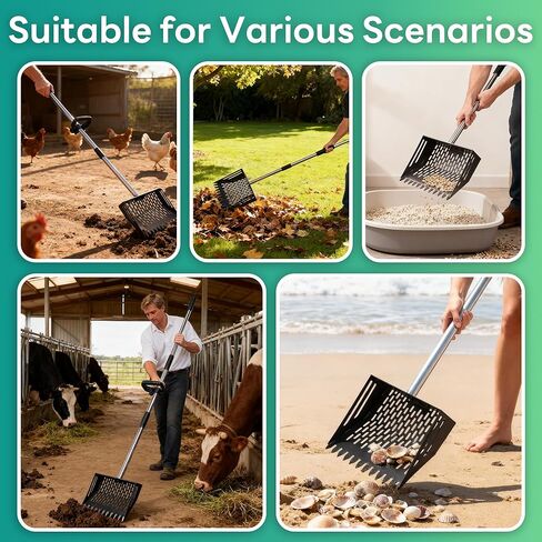 Oture Chicken Poop Scooper & Rake 2-in-1, Metal Chicken Coop Scoop Shovel for Poop, 24 to 66'' Adjustable Handle Litter Scooper Sand Sifting Shovel for Coops/Goat Stall/Farm Animals in Kuwait