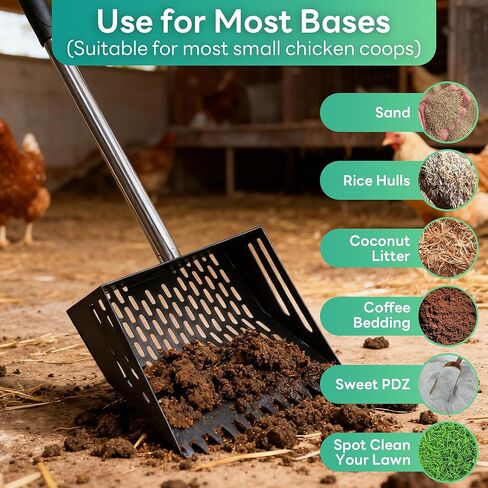 Oture Chicken Poop Scooper & Rake 2-in-1, Metal Chicken Coop Scoop Shovel for Poop, 24 to 66'' Adjustable Handle Litter Scooper Sand Sifting Shovel for Coops/Goat Stall/Farm Animals in Kuwait