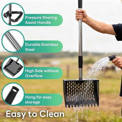 Oture Chicken Poop Scooper & Rake 2-in-1, Metal Chicken Coop Scoop Shovel for Poop, 24 to 66'' Adjustable Handle Litter Scooper Sand Sifting Shovel for Coops/Goat Stall/Farm Animals in Kuwait