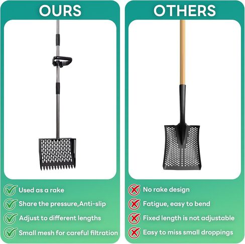 Oture Chicken Poop Scooper & Rake 2-in-1, Metal Chicken Coop Scoop Shovel for Poop, 24 to 66'' Adjustable Handle Litter Scooper Sand Sifting Shovel for Coops/Goat Stall/Farm Animals in Kuwait