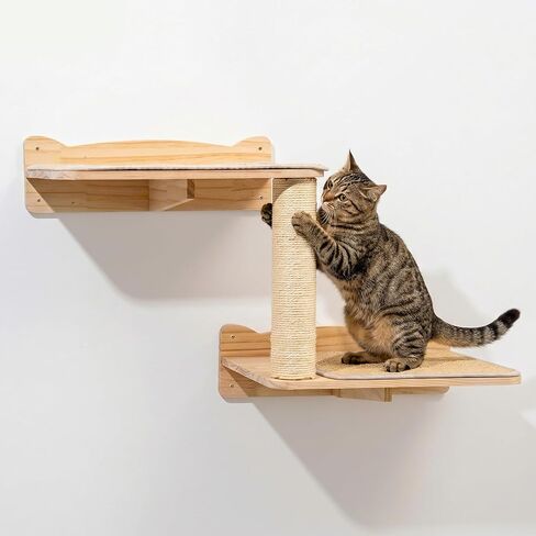 Cat Wall Shelves, 2-Tier Cat Shelves with Sisal Scratching Post, Sisal Mat Solid Pine Wood Wall Mounted Cat Climbing Furniture, Modular Design in Kuwait