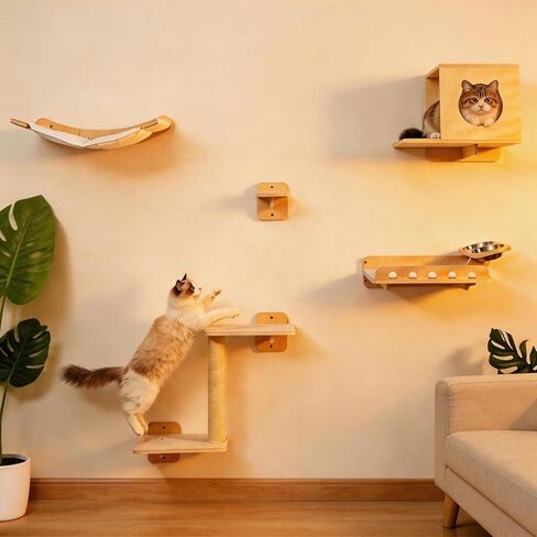 8-in-1 Cat Wall Shelves for Large Cats, Wall Mounted Cat Furniture with Feeding Station&Extra Wide Hammock, Heavy Duty Cat Climber for Indoor Cats to Sleep Play & Eat, 44lbs Capacity, Wood in Kuwait
