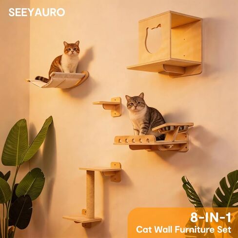 8-in-1 Cat Wall Shelves for Large Cats, Wall Mounted Cat Furniture with Feeding Station&Extra Wide Hammock, Heavy Duty Cat Climber for Indoor Cats to Sleep Play & Eat, 44lbs Capacity, Wood in Kuwait