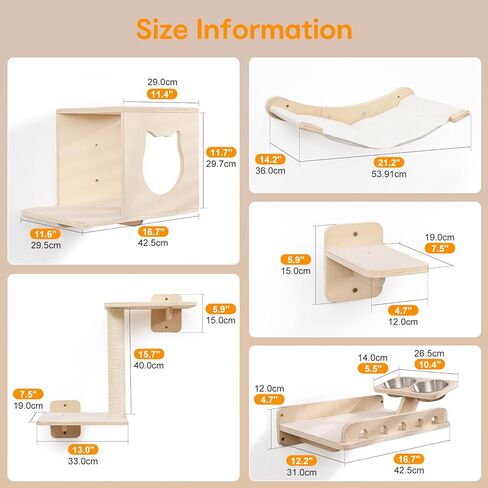 8-in-1 Cat Wall Shelves for Large Cats, Wall Mounted Cat Furniture with Feeding Station&Extra Wide Hammock, Heavy Duty Cat Climber for Indoor Cats to Sleep Play & Eat, 44lbs Capacity, Wood in Kuwait