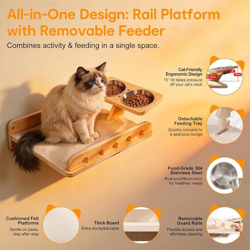8-in-1 Cat Wall Shelves for Large Cats, Wall Mounted Cat Furniture with Feeding Station&Extra Wide Hammock, Heavy Duty Cat Climber for Indoor Cats to Sleep Play & Eat, 44lbs Capacity, Wood in Kuwait