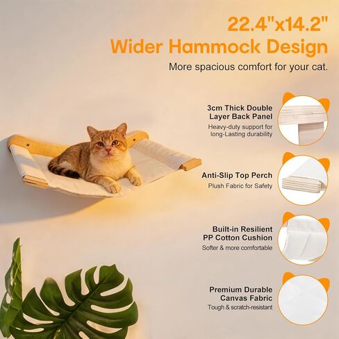 8-in-1 Cat Wall Shelves for Large Cats, Wall Mounted Cat Furniture with Feeding Station&Extra Wide Hammock, Heavy Duty Cat Climber for Indoor Cats to Sleep Play & Eat, 44lbs Capacity, Wood in Kuwait
