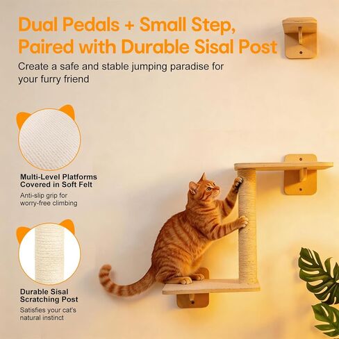 8-in-1 Cat Wall Shelves for Large Cats, Wall Mounted Cat Furniture with Feeding Station&Extra Wide Hammock, Heavy Duty Cat Climber for Indoor Cats to Sleep Play & Eat, 44lbs Capacity, Wood in Kuwait
