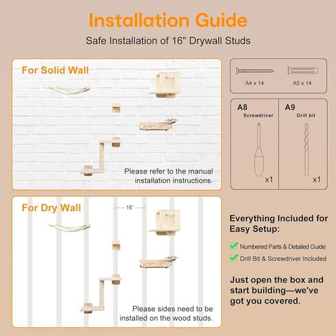 8-in-1 Cat Wall Shelves for Large Cats, Wall Mounted Cat Furniture with Feeding Station&Extra Wide Hammock, Heavy Duty Cat Climber for Indoor Cats to Sleep Play & Eat, 44lbs Capacity, Wood in Kuwait