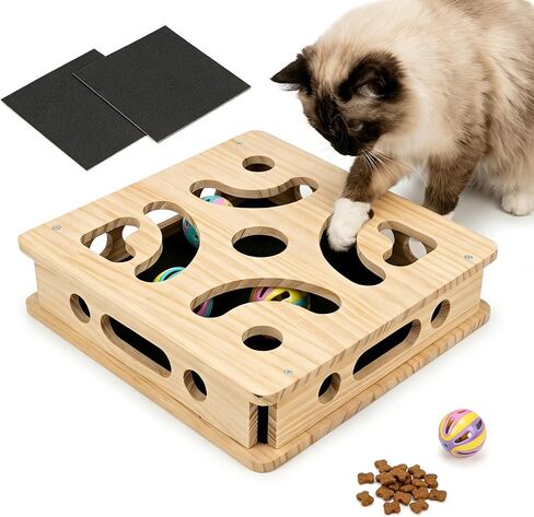 EIODEAR Cat Nail File Scratcher with 3 Sandpaper Pads, 4 Bell Balls, 8 Screw, Solid Wood Cat Scratch Puzzle Enrichment Box Nail Filer Box Toy to File Nails, Cat Treat Box for Treat-Motivated Cats in Kuwait