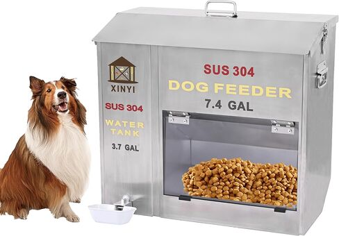 Xinyi Stainless Steel Dog Feeder and Waterer 2-in-1, Gravity Dog Feeder, Aluminum Alloy Water Cup, Automatic Feeder Waterpoof and Sturdy, Transparent Acrylic Observation Window, 7.4 Gallon in Kuwait