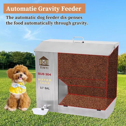Xinyi Stainless Steel Dog Feeder and Waterer 2-in-1, Gravity Dog Feeder, Aluminum Alloy Water Cup, Automatic Feeder Waterpoof and Sturdy, Transparent Acrylic Observation Window, 7.4 Gallon in Kuwait