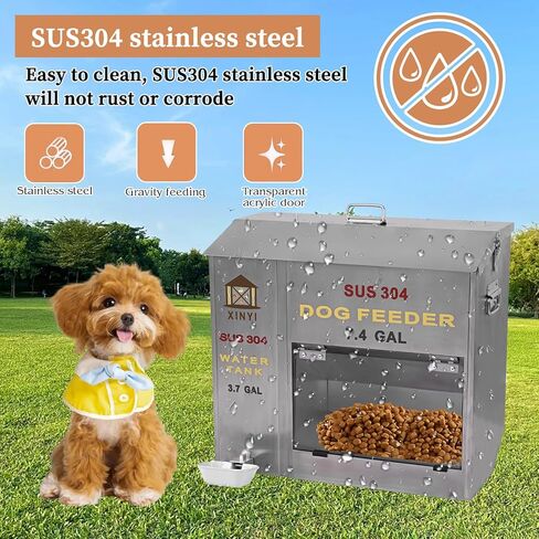 Xinyi Stainless Steel Dog Feeder and Waterer 2-in-1, Gravity Dog Feeder, Aluminum Alloy Water Cup, Automatic Feeder Waterpoof and Sturdy, Transparent Acrylic Observation Window, 7.4 Gallon in Kuwait