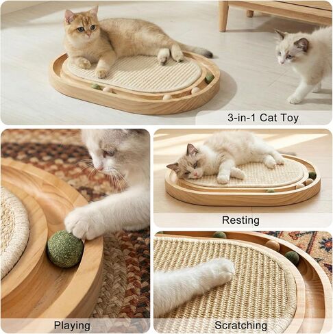 Sisal Cat Scratcher Toy with Ball Track, Natural Scratching Pad, Wooden Cat Toy with Non-Slip Base for Indoor Cats, Suitable for Kittens and Medium Cats in Kuwait