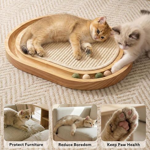 Sisal Cat Scratcher Toy with Ball Track, Natural Scratching Pad, Wooden Cat Toy with Non-Slip Base for Indoor Cats, Suitable for Kittens and Medium Cats in Kuwait