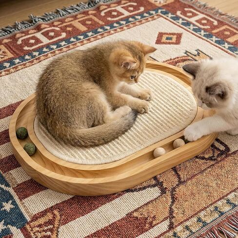 Sisal Cat Scratcher Toy with Ball Track, Natural Scratching Pad, Wooden Cat Toy with Non-Slip Base for Indoor Cats, Suitable for Kittens and Medium Cats in Kuwait