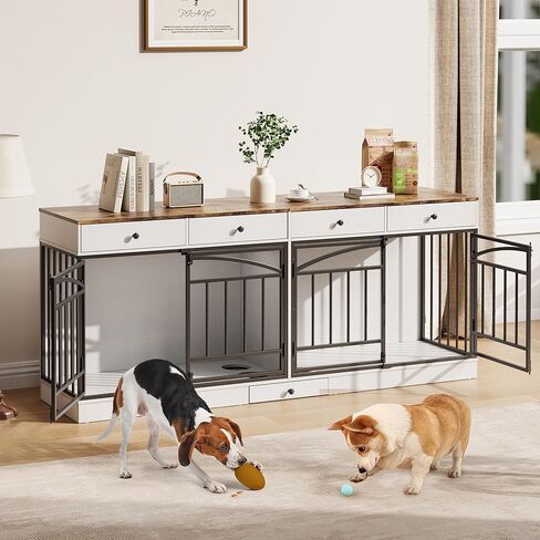 أثاث قفص للكلاب من GarveeHome لكلبين، بيت للكلاب داخلي مع 4 أدراج تخزين وأوعية تغذية، حامل تلفزيون مزدوج للكلاب المتوسطة الصغيرة، أبيض in Kuwait