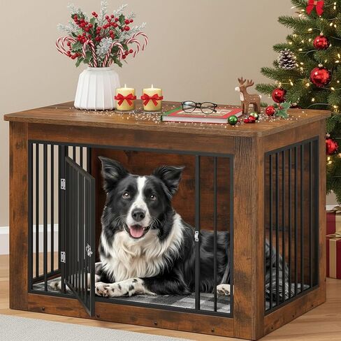 YITAHOME Dog Crate Furniture for Large Dogs, Side End Table, Modern Dogs Kennel Indoor up to 60 lb, 2-in-1 Iron-Wood Fusion Dog Cage with Waterproof Top, Safety Corners, Steel Lock,38"L, Rustic Brown in Kuwait