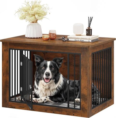 YITAHOME Dog Crate Furniture for Large Dogs, Side End Table, Modern Dogs Kennel Indoor up to 60 lb, 2-in-1 Iron-Wood Fusion Dog Cage with Waterproof Top, Safety Corners, Steel Lock,38"L, Rustic Brown in Kuwait