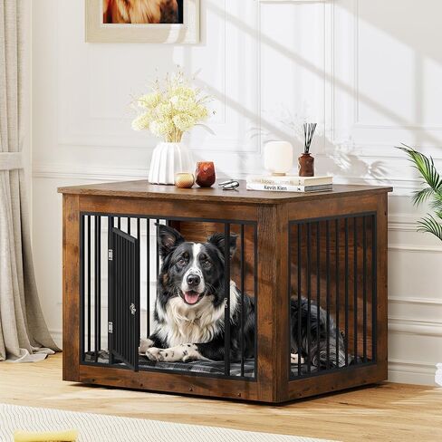 YITAHOME Dog Crate Furniture for Large Dogs, Side End Table, Modern Dogs Kennel Indoor up to 60 lb, 2-in-1 Iron-Wood Fusion Dog Cage with Waterproof Top, Safety Corners, Steel Lock,38"L, Rustic Brown in Kuwait
