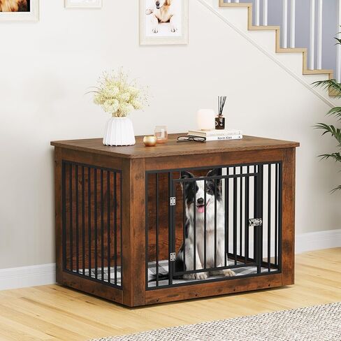 YITAHOME Dog Crate Furniture for Large Dogs, Side End Table, Modern Dogs Kennel Indoor up to 60 lb, 2-in-1 Iron-Wood Fusion Dog Cage with Waterproof Top, Safety Corners, Steel Lock,38"L, Rustic Brown in Kuwait