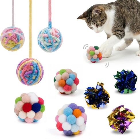 9 Pack Cat Toy Balls for Indoor Cats, Pom Pom Fuzzy Balls with Bells, Wool Yarn Toy with String, Mylar Crinkle Balls Interactive Kitten Toys for Indoor Cats Chase and Play Keep Busy Stress Relief in Kuwait
