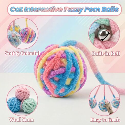 9 Pack Cat Toy Balls for Indoor Cats, Pom Pom Fuzzy Balls with Bells, Wool Yarn Toy with String, Mylar Crinkle Balls Interactive Kitten Toys for Indoor Cats Chase and Play Keep Busy Stress Relief in Kuwait