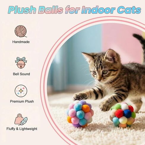 9 Pack Cat Toy Balls for Indoor Cats, Pom Pom Fuzzy Balls with Bells, Wool Yarn Toy with String, Mylar Crinkle Balls Interactive Kitten Toys for Indoor Cats Chase and Play Keep Busy Stress Relief in Kuwait