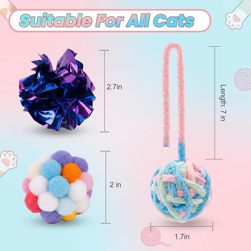 9 Pack Cat Toy Balls for Indoor Cats, Pom Pom Fuzzy Balls with Bells, Wool Yarn Toy with String, Mylar Crinkle Balls Interactive Kitten Toys for Indoor Cats Chase and Play Keep Busy Stress Relief in Kuwait