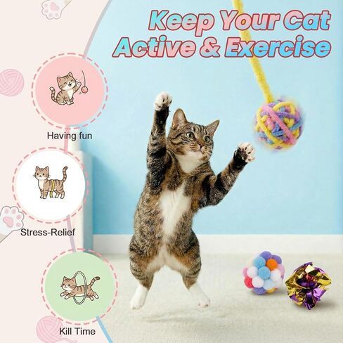9 Pack Cat Toy Balls for Indoor Cats, Pom Pom Fuzzy Balls with Bells, Wool Yarn Toy with String, Mylar Crinkle Balls Interactive Kitten Toys for Indoor Cats Chase and Play Keep Busy Stress Relief in Kuwait