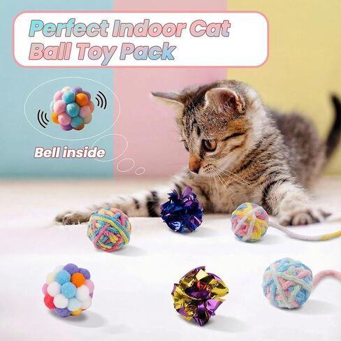 9 Pack Cat Toy Balls for Indoor Cats, Pom Pom Fuzzy Balls with Bells, Wool Yarn Toy with String, Mylar Crinkle Balls Interactive Kitten Toys for Indoor Cats Chase and Play Keep Busy Stress Relief in Kuwait