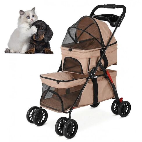 Generic Kittens Puppies Travel Strolling Cart for Small Cats and Dogs Foldable Puppy Kitty Stroller with Safety Belts Cup Holder & Lockable Wheels Ideal for Multi-Pet Homes in Kuwait
