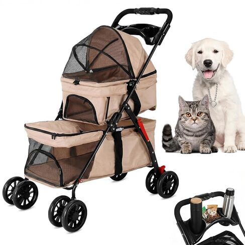 Generic Kittens Puppies Travel Strolling Cart for Small Cats and Dogs Foldable Puppy Kitty Stroller with Safety Belts Cup Holder & Lockable Wheels Ideal for Multi-Pet Homes in Kuwait
