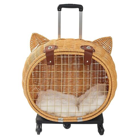 Generic Retro Rattan Cat Stroller with Wheels & Telescopic Handle for Large Cats Up to 25 Lbs, Rolling Travel Carrier for Vet Visits & Walks in Kuwait