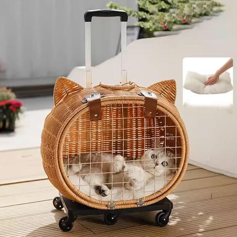 Generic Retro Rattan Cat Stroller with Wheels & Telescopic Handle for Large Cats Up to 25 Lbs, Rolling Travel Carrier for Vet Visits & Walks in Kuwait
