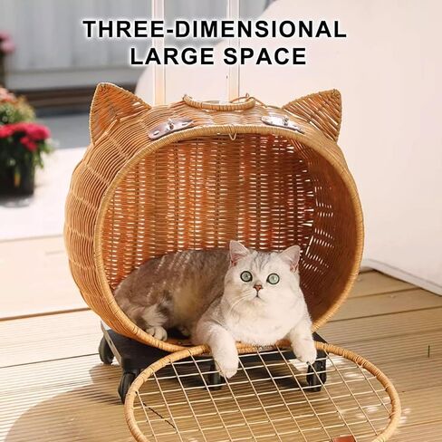 Generic Retro Rattan Cat Stroller with Wheels & Telescopic Handle for Large Cats Up to 25 Lbs, Rolling Travel Carrier for Vet Visits & Walks in Kuwait