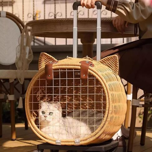 Generic Retro Rattan Cat Stroller with Wheels & Telescopic Handle for Large Cats Up to 25 Lbs, Rolling Travel Carrier for Vet Visits & Walks in Kuwait