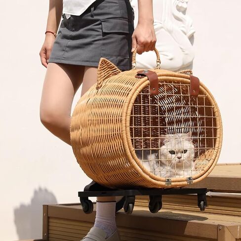 Generic Retro Rattan Cat Stroller with Wheels & Telescopic Handle for Large Cats Up to 25 Lbs, Rolling Travel Carrier for Vet Visits & Walks in Kuwait