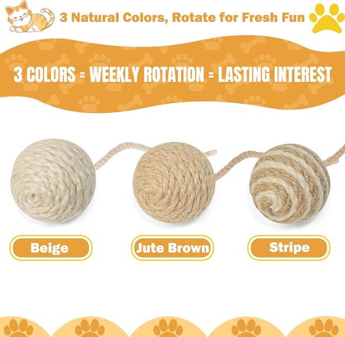 Cat Toy Ball with Sisal Rope Wrapping – 3 Pack Sisal Cat Toy Ball with Rope & Quiet Bell, 1.77" Natural Interactive Cat Scratching Ball for Indoor Cats (Beige, Yellow, Striped) in Kuwait