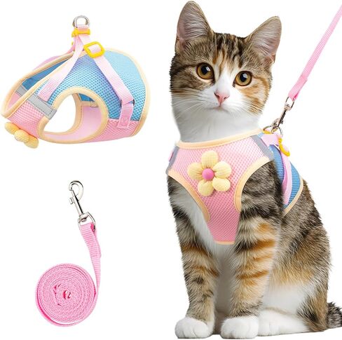 Cat Harness and Leash Set Escape Proof, Adjustable Cat Vest Harnesses Soft Kitten Harness Reflective Strips Jacket with Flower, Breathable Mesh Harnesses for Cats Puppy Easy to Wear Outdoor Walking in Kuwait