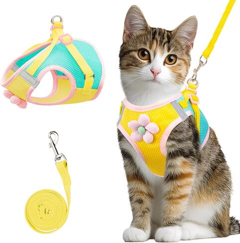Cat Harness and Leash Set Escape Proof, Adjustable Cat Vest Harnesses Soft Kitten Harness Reflective Strips Jacket with Flower, Breathable Mesh Harnesses for Cats Puppy Easy to Wear Outdoor Walking in Saudi Arabia