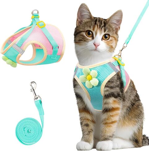 Cat Harness and Leash Set Escape Proof, Adjustable Cat Vest Harnesses Soft Kitten Harness Reflective Strips Jacket with Flower, Breathable Mesh Harnesses for Cats Puppy Easy to Wear Outdoor Walking in Saudi Arabia