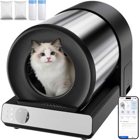 Self Cleaning Litter Box for Multiple Cats, Automatic Cat Litter Box Large Capacity, Stainless Steel Drum with App Health Monitoring, Noise & Odor Control, Dual Safety Sensors in Kuwait