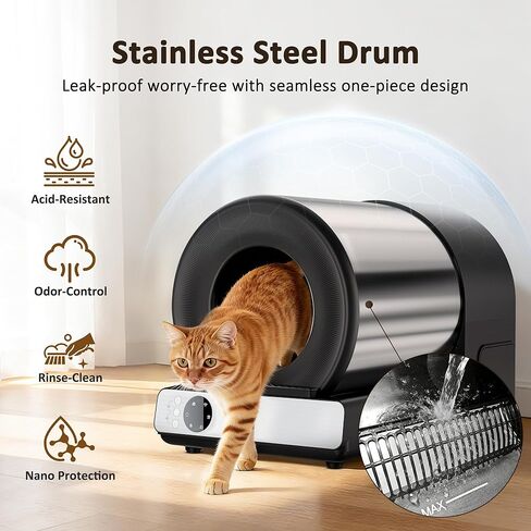 Self Cleaning Litter Box for Multiple Cats, Automatic Cat Litter Box Large Capacity, Stainless Steel Drum with App Health Monitoring, Noise & Odor Control, Dual Safety Sensors in Kuwait