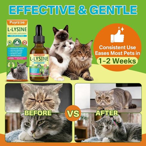 Puyrzoe L-Lysine لقطرات القطط - العطس وسيلان الأنف وتخفيف العيون الدامعة، مكمل ليسين سائل للقطط لدعم المناعة والجهاز التنفسي مع التورين والفيتامينات، لتعزيز الطاقة والشهية، 60 مل in Kuwait